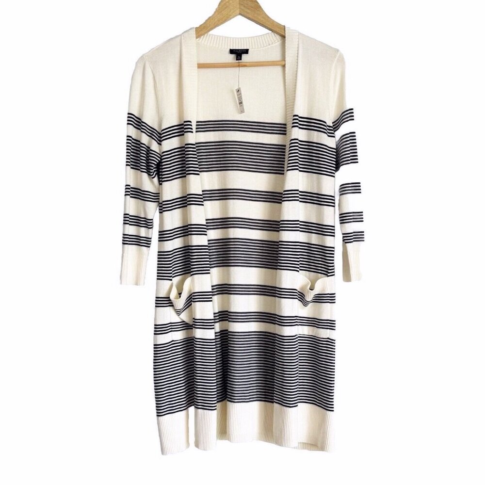 Talbots Striped Cardigan Women's Small Petite Pockets Cream Black Mid Length
